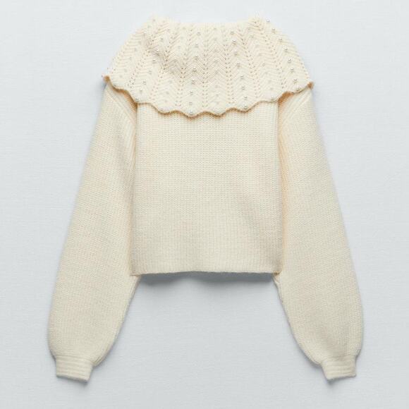 ZARA Ruffled Cable Knit Sweater Ecru with Pearls and Bow Size Small 4331/003 - Picture 2 of 16
